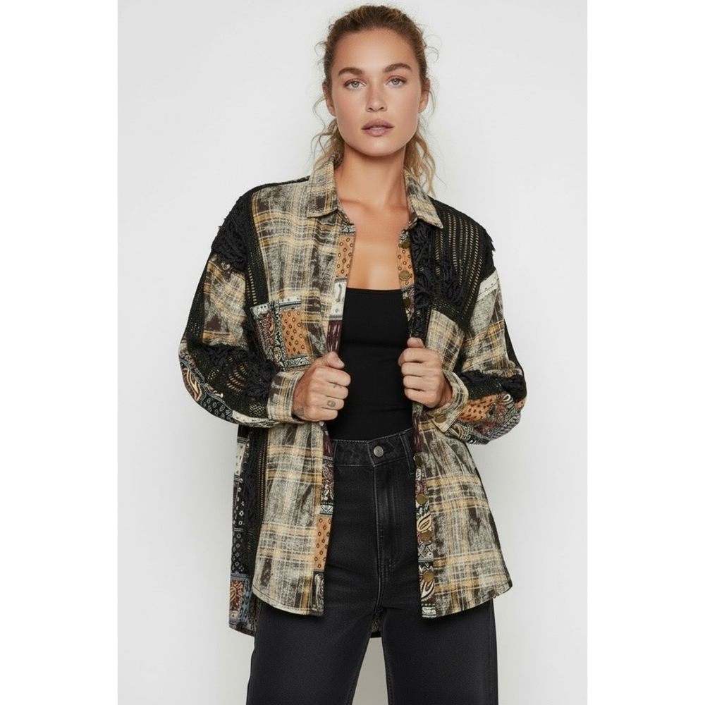 POL Black Patchwork Button Down Shirt | 3D Floral Lace Long Sleeve High Low - Picture 6 of 6